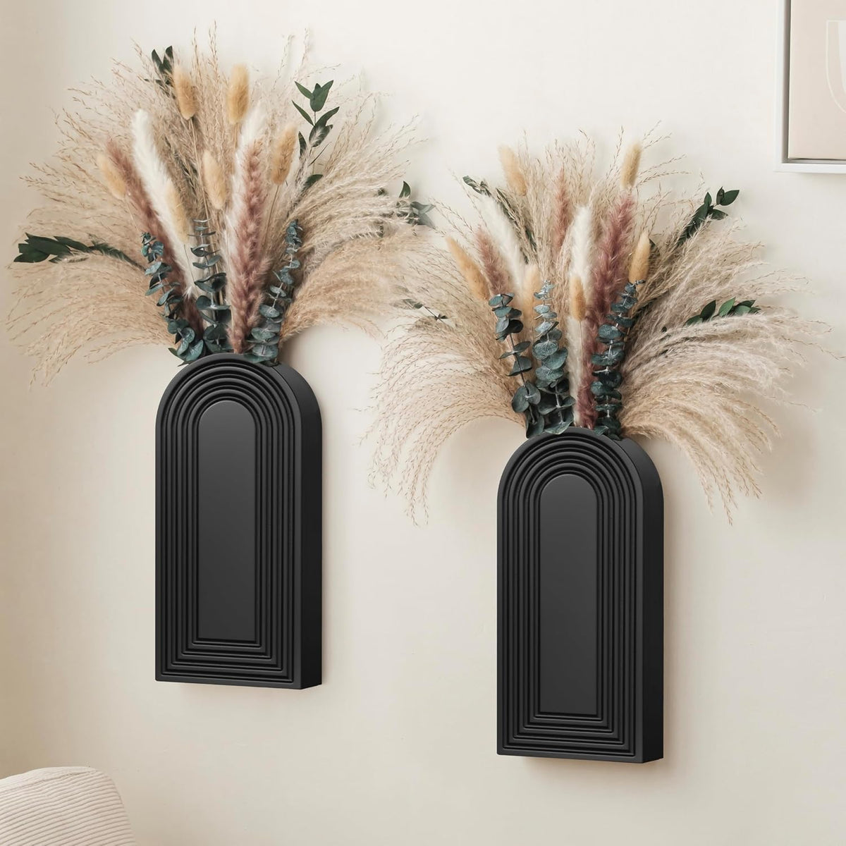 2 Pack Wooden Wall Vase Set with Pampas Grass Eucalyptus, Modern Farmhouse Boho Wall Decor for Living Room, Entryway, Hallway, Bathroom, Dining Room, Black Wall Art for Home Decoration