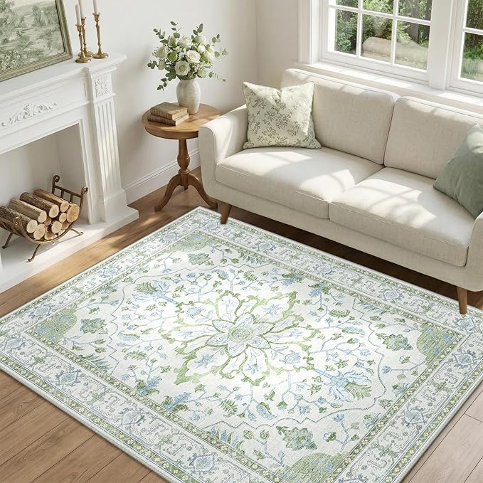 Area Rugs 4'x6' Washable Non-Slip, Floral Vintage Distress Print Pattern - Image 2