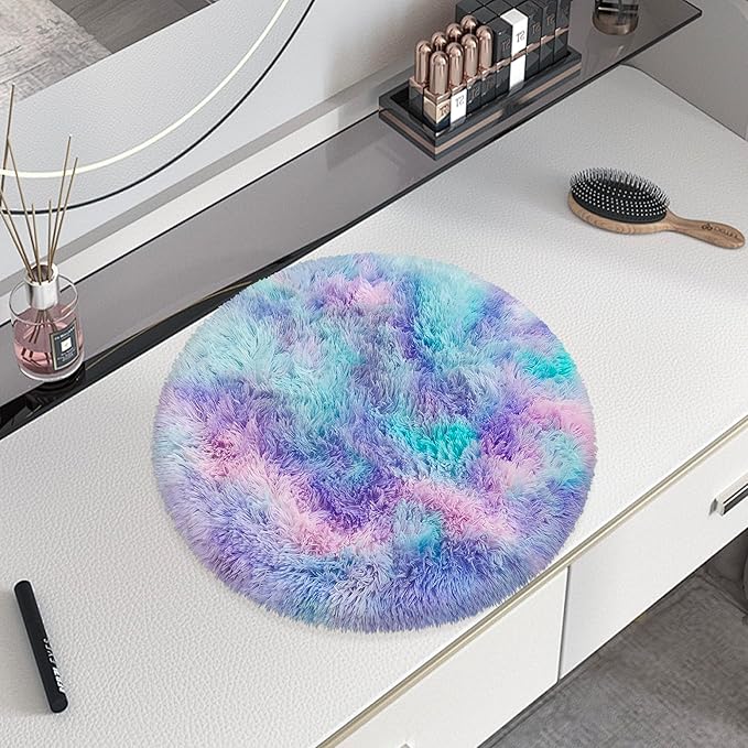 Tie Dye Rainbow Round Rugs Small 2x2 ft Fluffy Circle Rug Furry Carpet Shaggy - Image 3
