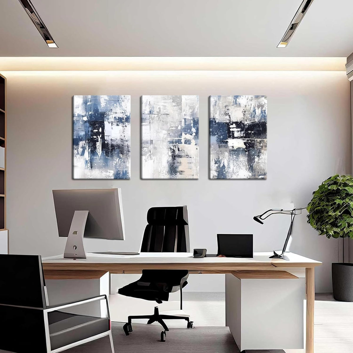 Abstract Blue and White Wall Art Set of 3, Modern Simple Navy Framed Canvas Prints Poster, Gray Painting Picture for Living Room, Bedroom, Office Wall Decor 12x16 Inch