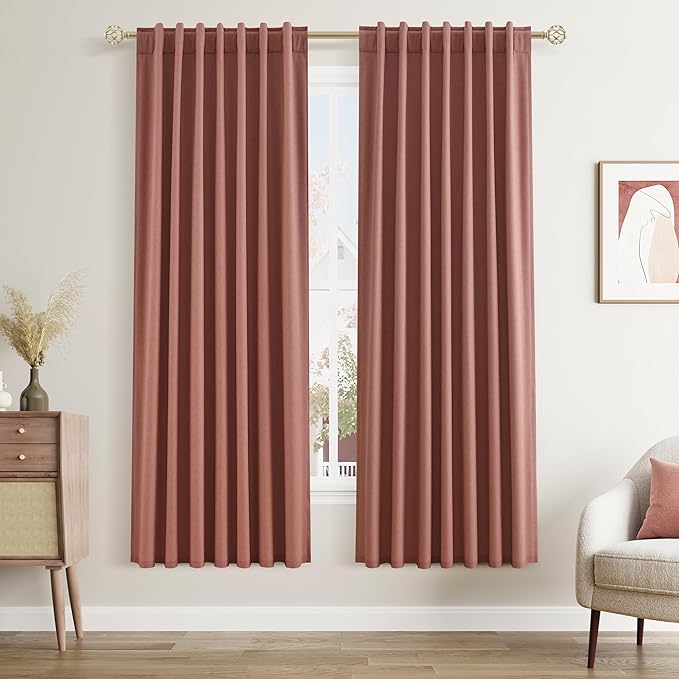 Dusty Rose 100% Blackout Linen Curtains 72 Inch Length 2 Panels Set by Guken