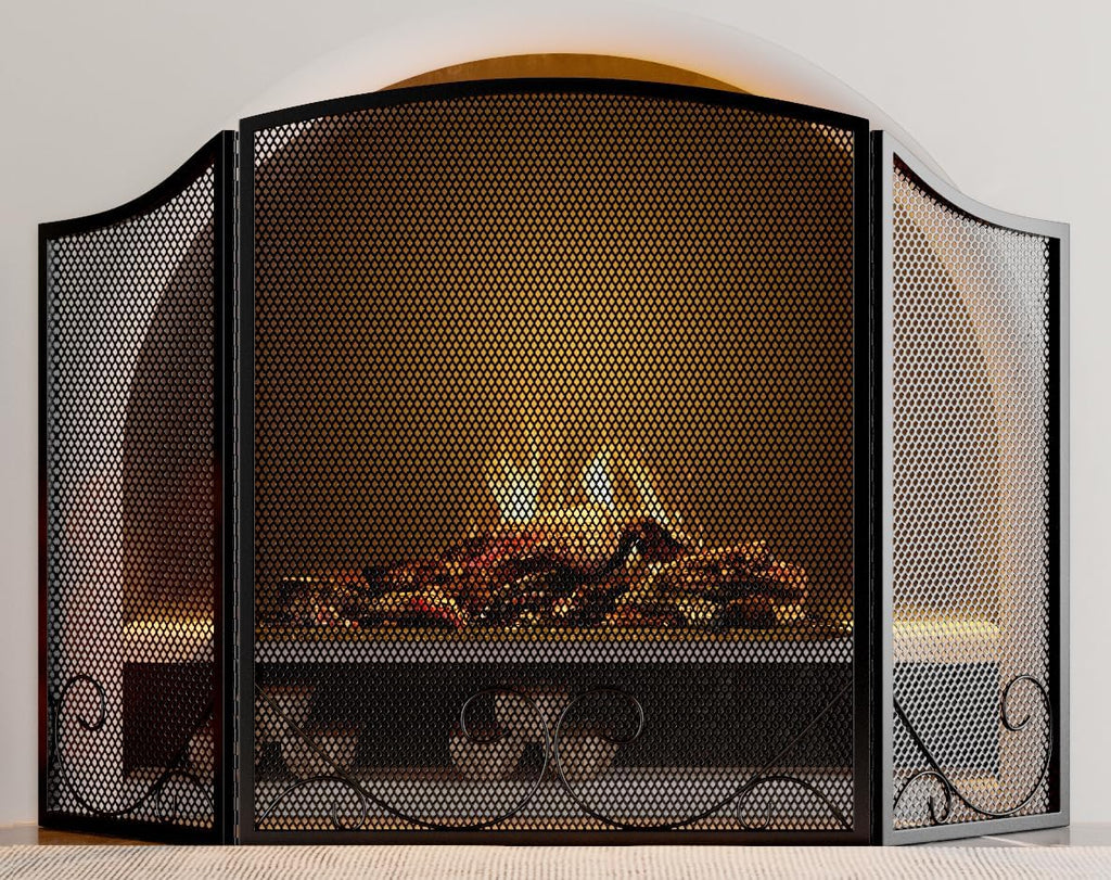 Lizh Metalwork 3-Panel Black Wrought Iron Fireplace Screen,48"(L) x 29"(H) Spark Guard with Scrolling Design,Decorative Hearth Screen