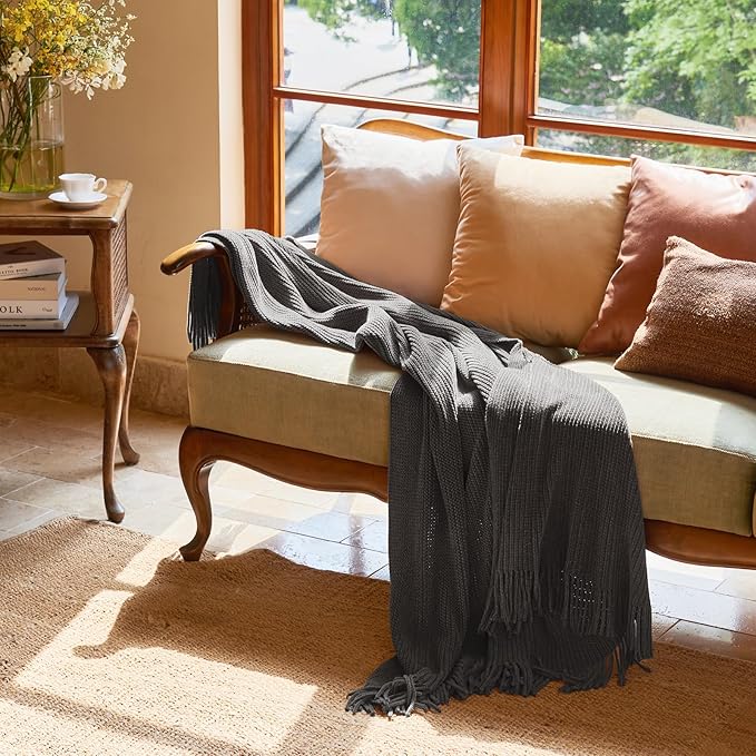 lifein Throw Blanket for Couch, Soft Boho Decor Bed Throw, Cozy Grey Knitted - Image 7
