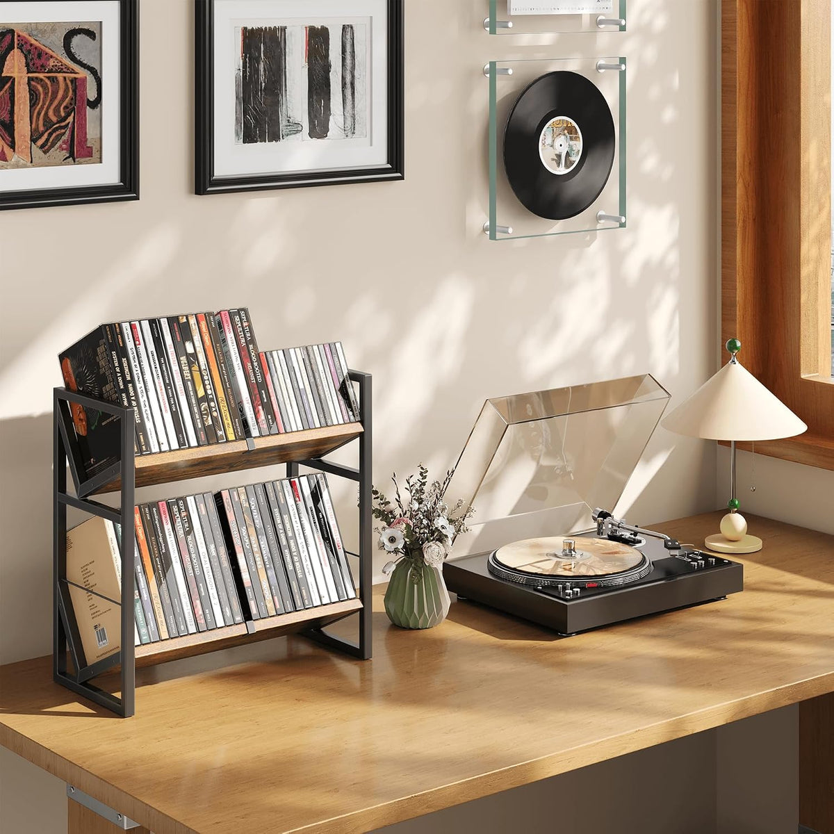 2 Tier CD Storage Rack, Wooden DVD Holder with Adjustable Dividers