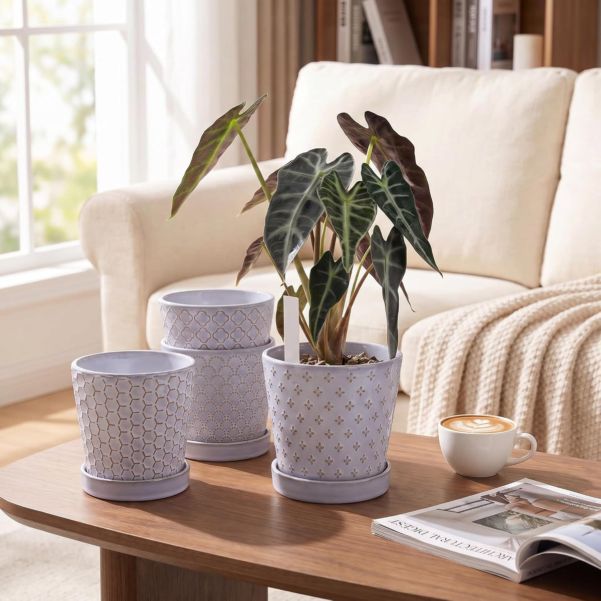 Ceramic Plant Pots, 5 Inch Planters with Drainage Holes and Ceramic Tray, Relief Design Flower Planter, Desktop Office Windowsill Decoration Gift Set of 4 - Lavender