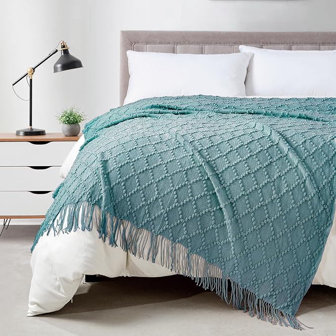 BOURINA Blue Throw Blanket 50 x70 Inches Jacquard Argyle Throw Textured Solid by BOURINA