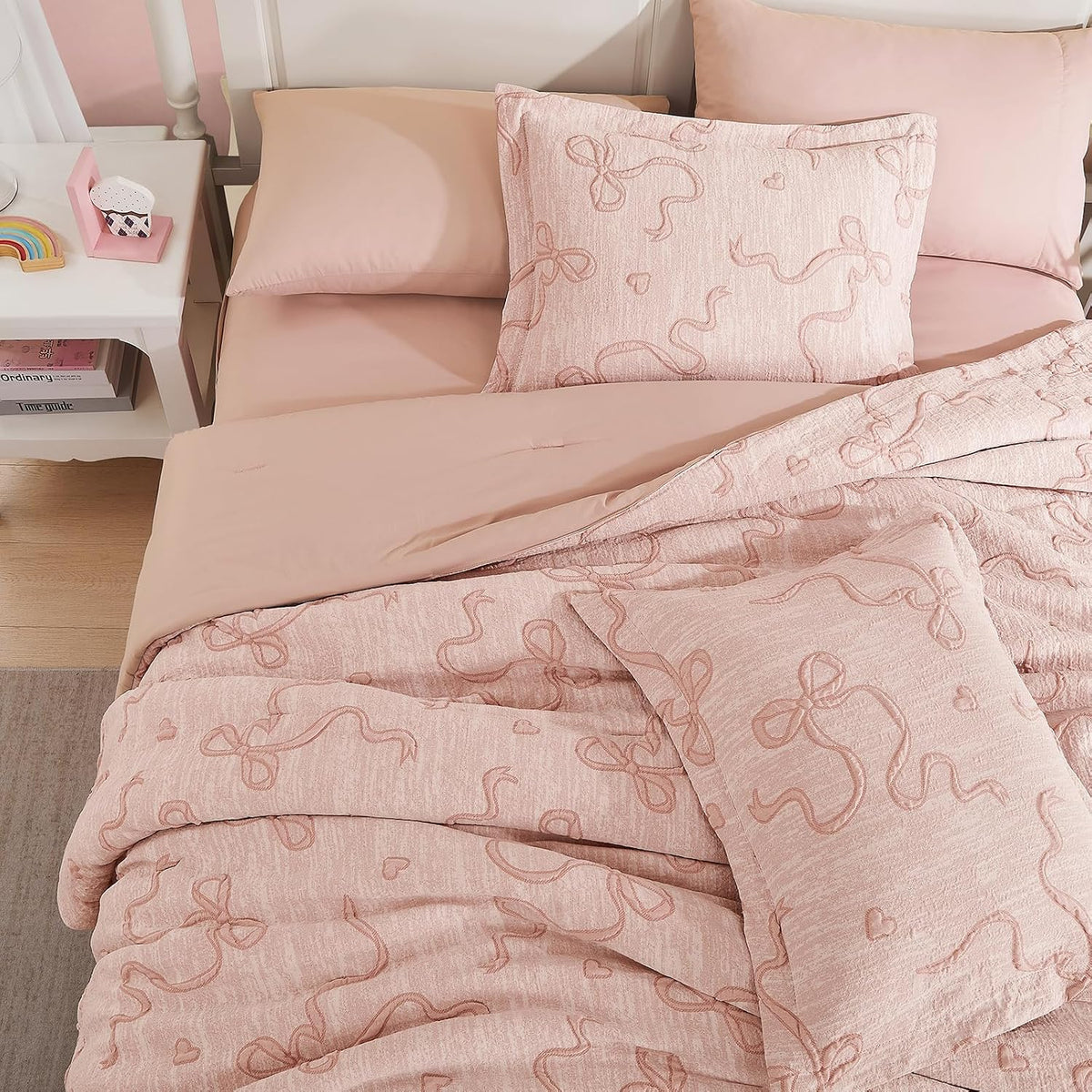 Full Size Comforter Sets for Girls - 7 Pieces Bow Bedding Set Bed in a Bag