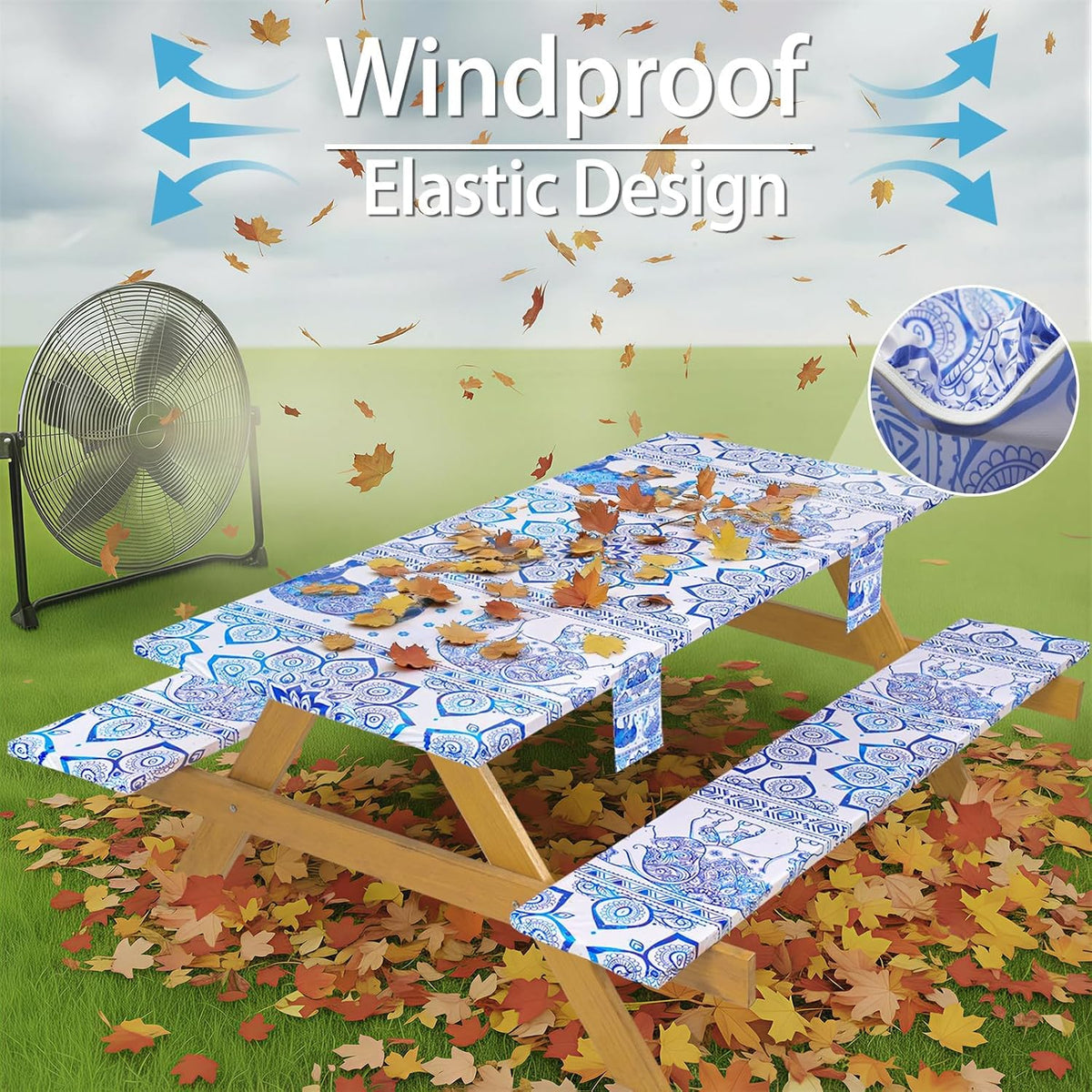 Fitted Waterproof Picnic Table Cover with Bench Covers Heavy Duty Elastic Outdoor Camping Tablecloth for 6 Foot Rectangle Tables Summer Rv Accessories Patio Garden Road Trip Essentials Gifts