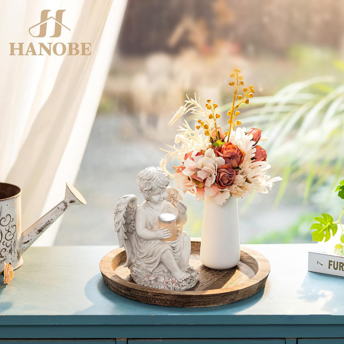 Hanobe Wooden Tray for Coffee Table, Decorative Round Candle Holder Plate