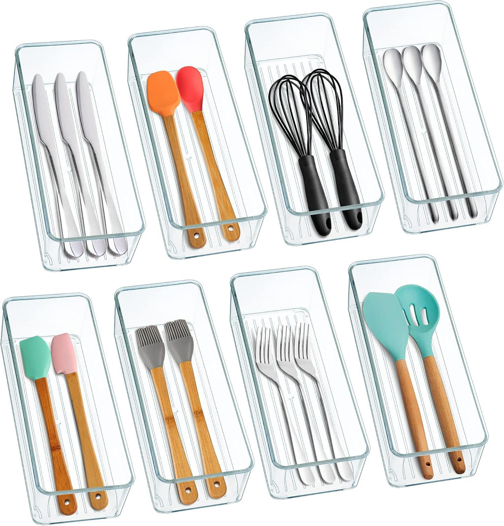 Hudgan 8 Pack Clear Plastic Drawer Organizer Bins Set, Stackable Cutlery Storage Bins Trays for Organizing Kitchen, Bathroom, Office, Crafts, Gadgets, Cabinet Supplies