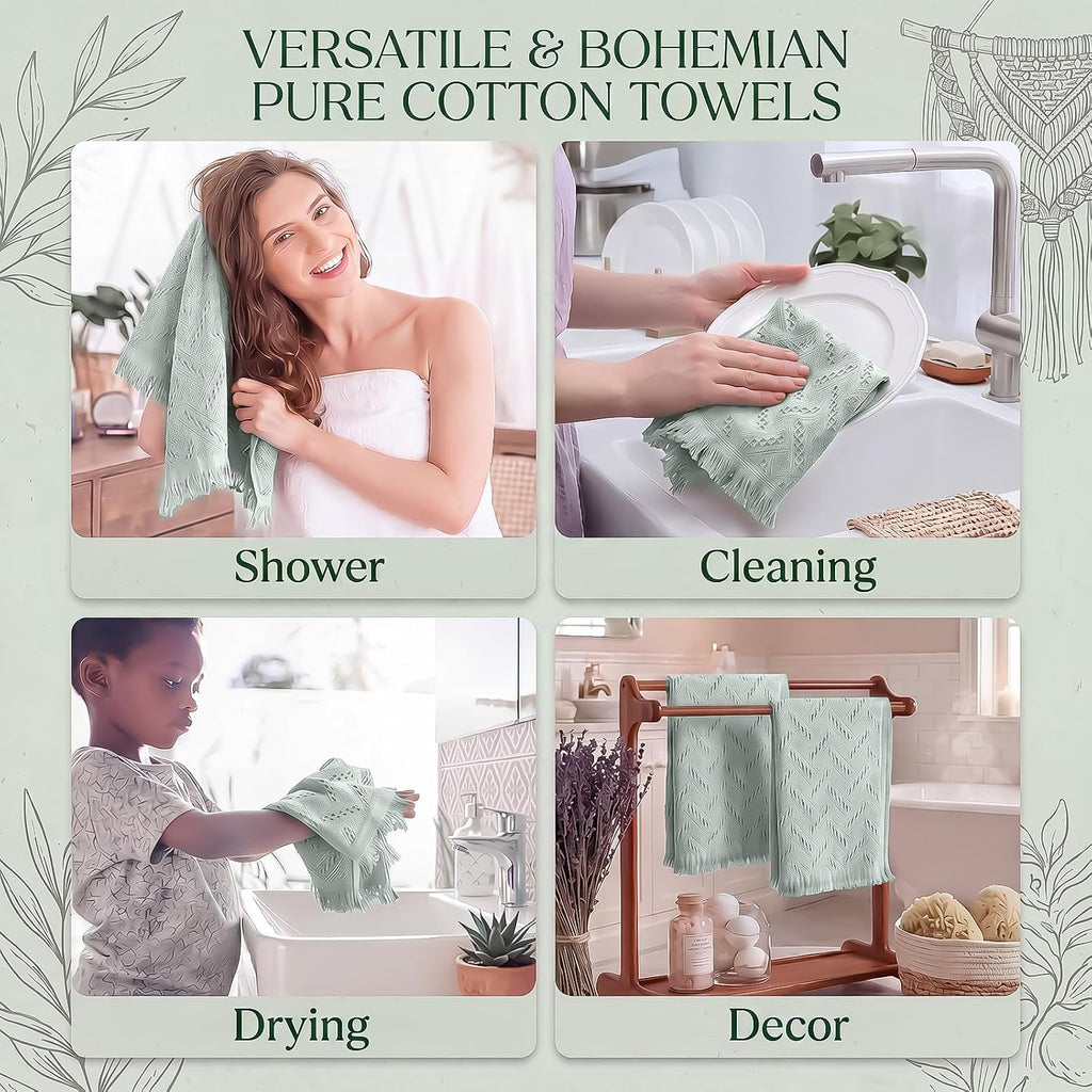 4 Pack Boho Hand Towel for Bathroom Kitchen, Mint Green