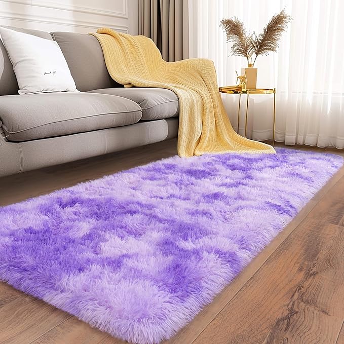 Soft Runner Rugs for Bedroom Hallways, 2x6 Tie-Dyed Purple Fluffy Shag Throw - Image 5
