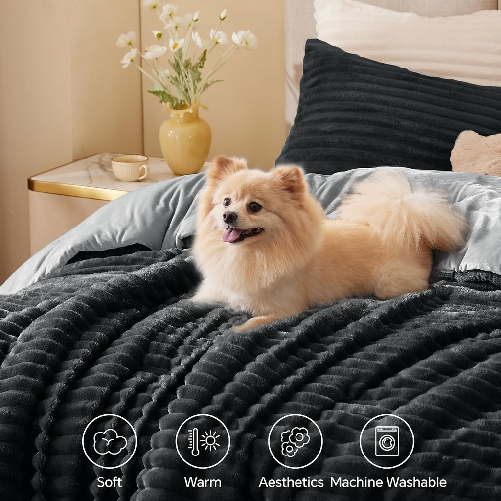 BEDELITE Fleece Queen Comforter Set, Fluffy Bed Set, Black