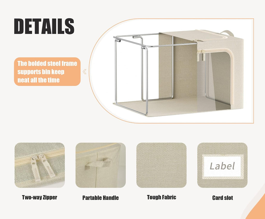3 Openings Clothes Storage Bins with Metal Frame, Foldable Storage Bin for Clothes, Clothing Storage Bins with Lid, Linen Storage Box With Clear Window＆ Zippers＆ Durable Handles.(3 Pcs ,Beige,40L)