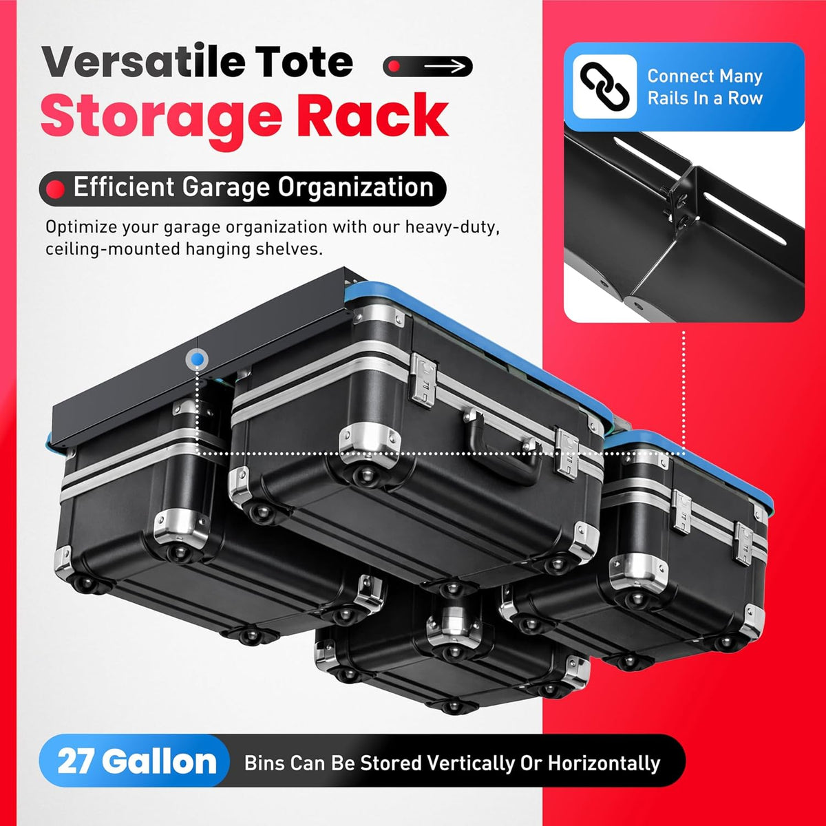 Overhead Garage Storage Rack for 4 Bins, 8pcs Connectable Single Rails