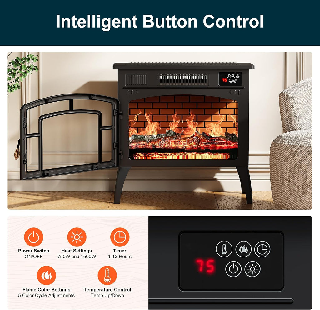 Royalcraft Electric Fireplace Heater, Freestanding Electric Fireplace Stove 5118 BTU with Remote Control, Realistic Flame Effect and Infrared Heating, Overheating Safe Design for Living Room, Bedroom