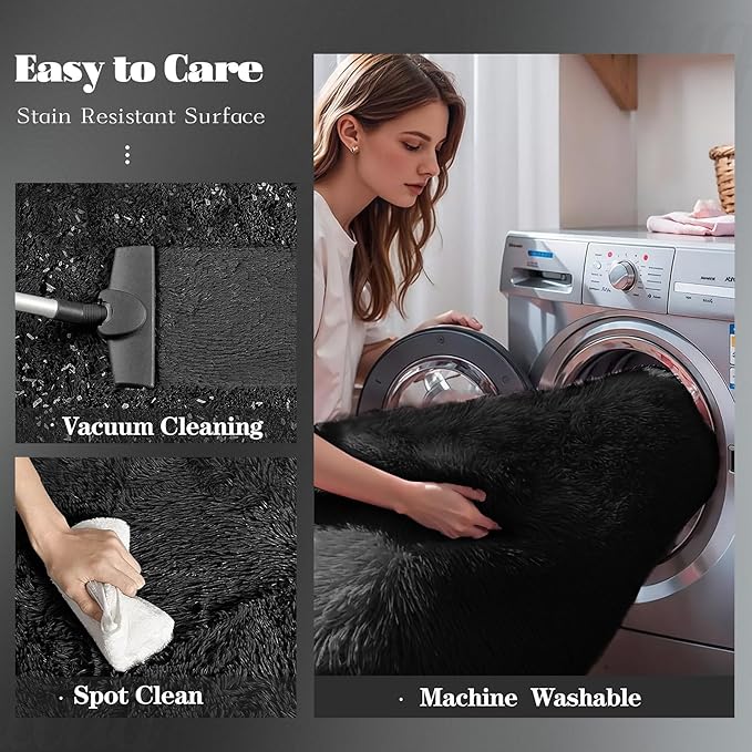 Black Round Rugs for Bedroom: 4ft Circle Fluffy Shag Soft Washable Rug Small - Image 4