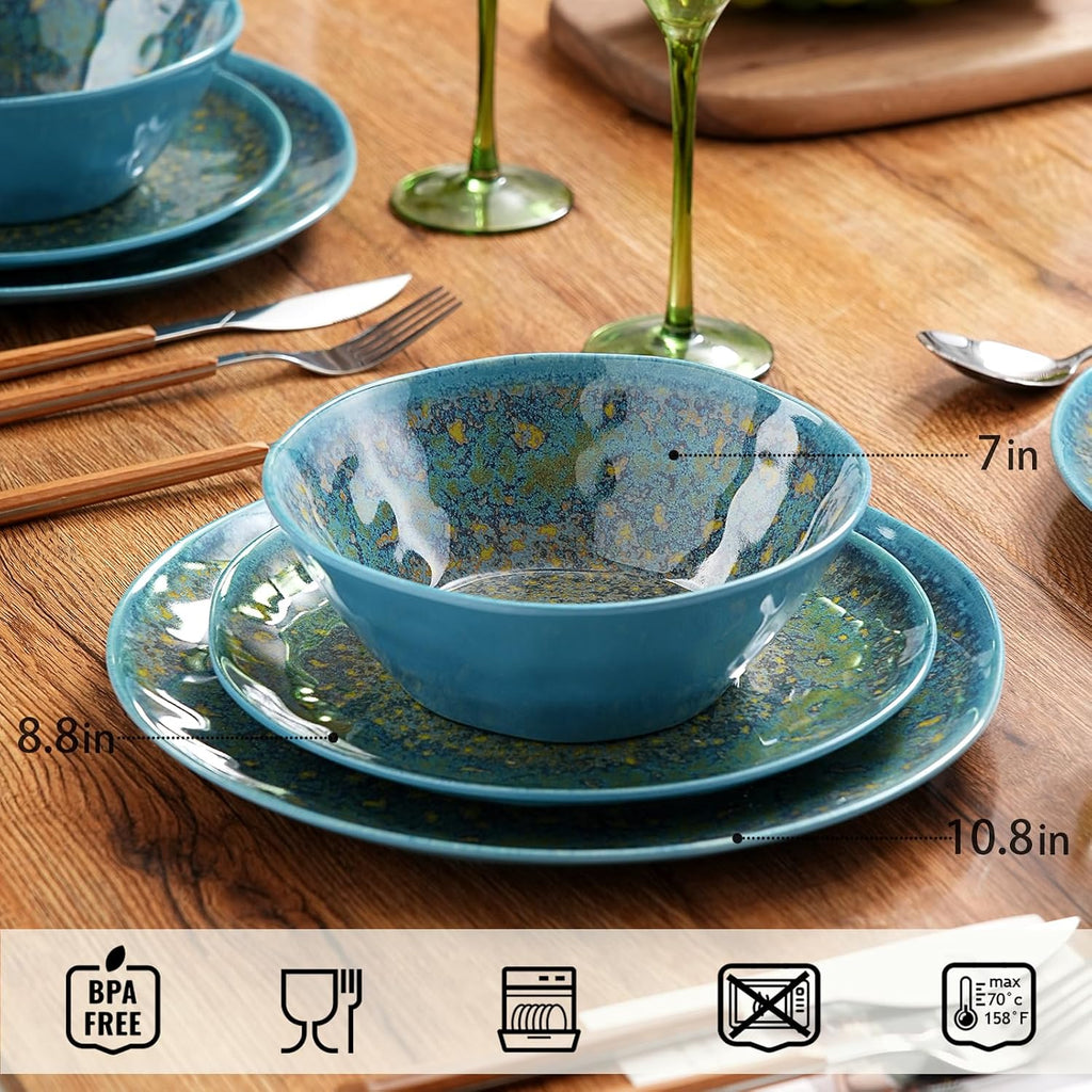 Melamine Dishes Set for 4, Kitchen Plates and Bowls Set, Rust Blue