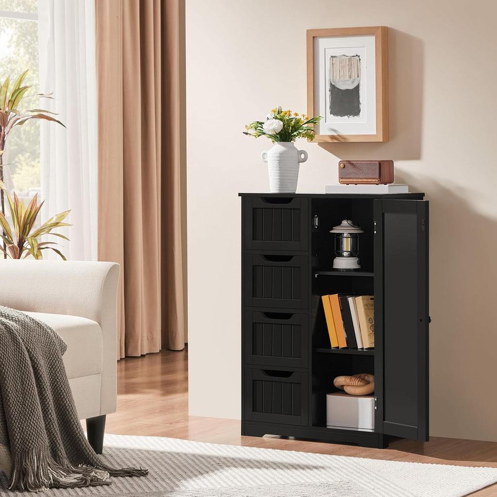 Yaheetech Small Bathroom Storage Cabinet with 4 Drawers & Door, Black