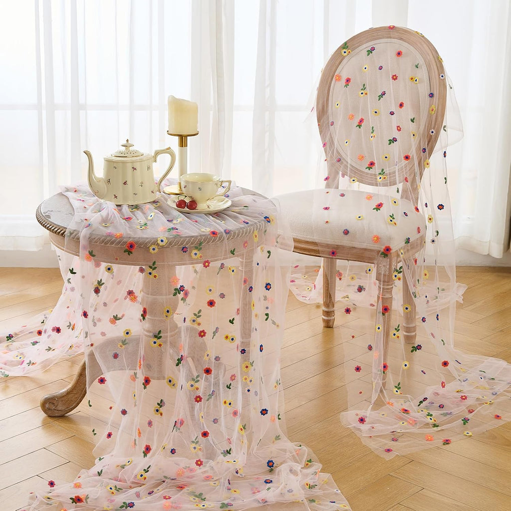 BINBE 6pcs Pink Daisy Spring Table Runner Embroidery Gauze 10FT Florals Seasonal Tulle Holiday Birthday Kitchen Dining Table Decor for Home Party