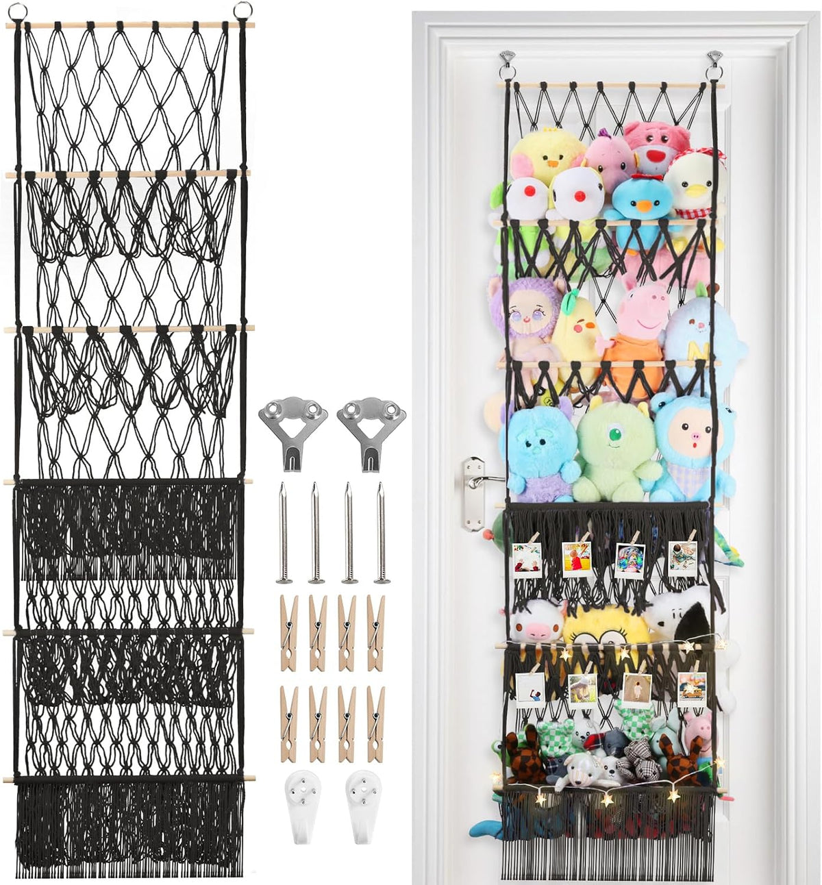 2 Tier Stuffed Animal Storage Shelf Net, 35x30'' Large Plushie Net Beige