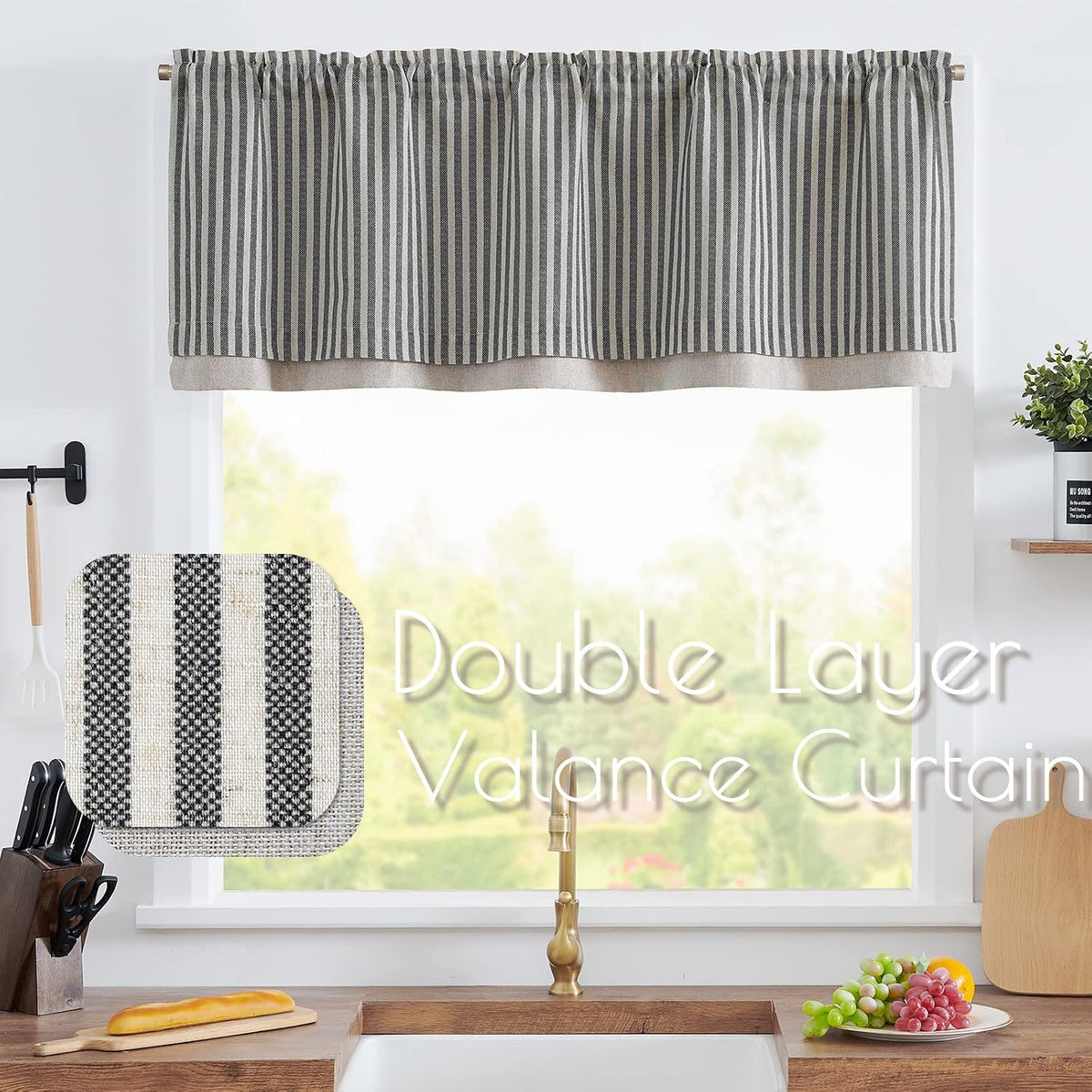 jinchan Stripe Linen Kitchen Valance Curtain, 50x16, 1 Panel, Grey