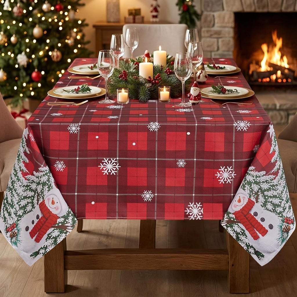 Softalker Christmas Rectangle Tablecloth 60 x 84 Inch, Snowman Red Plaid