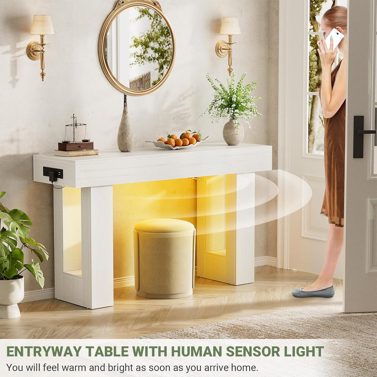 Unikito 47" Entryway Table with Sensor Light and Outlets, Rustic White