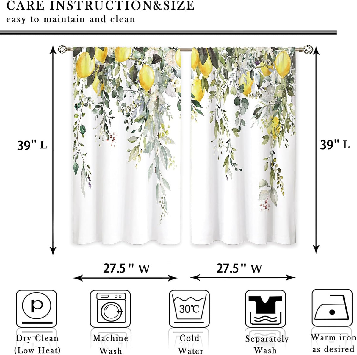 Eucalyptus Botanical Leaves Yellow Lemon Kitchen Window Curtains Herb Plant Floral Fruit Small Window Treatment Sage Green Cafe Short Curtains for Bathroom Treatment Tier Drapes 27.9x39 inch