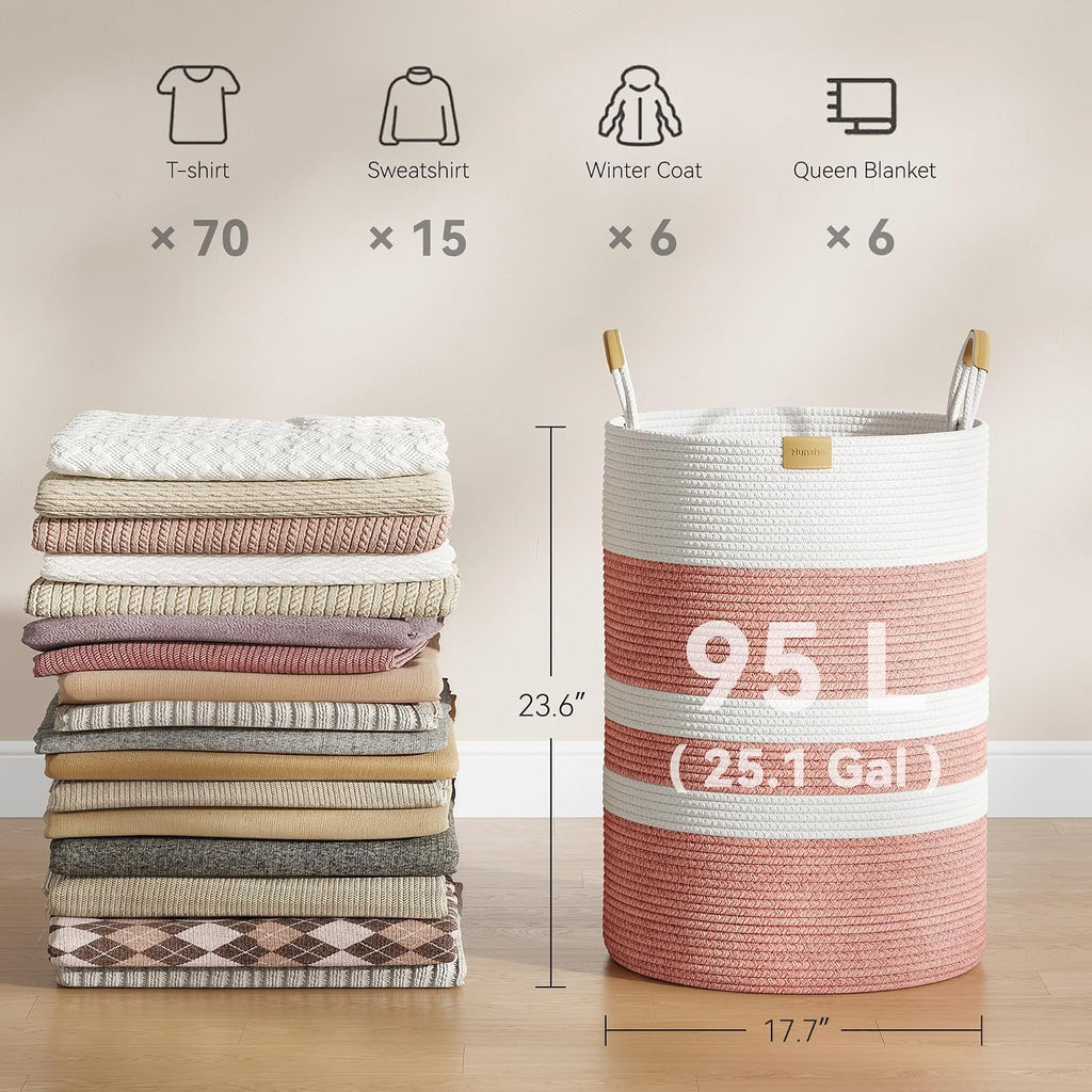 95L Laundry Hamper with Leather Handles，Laundry Basket,Coral Pink&White