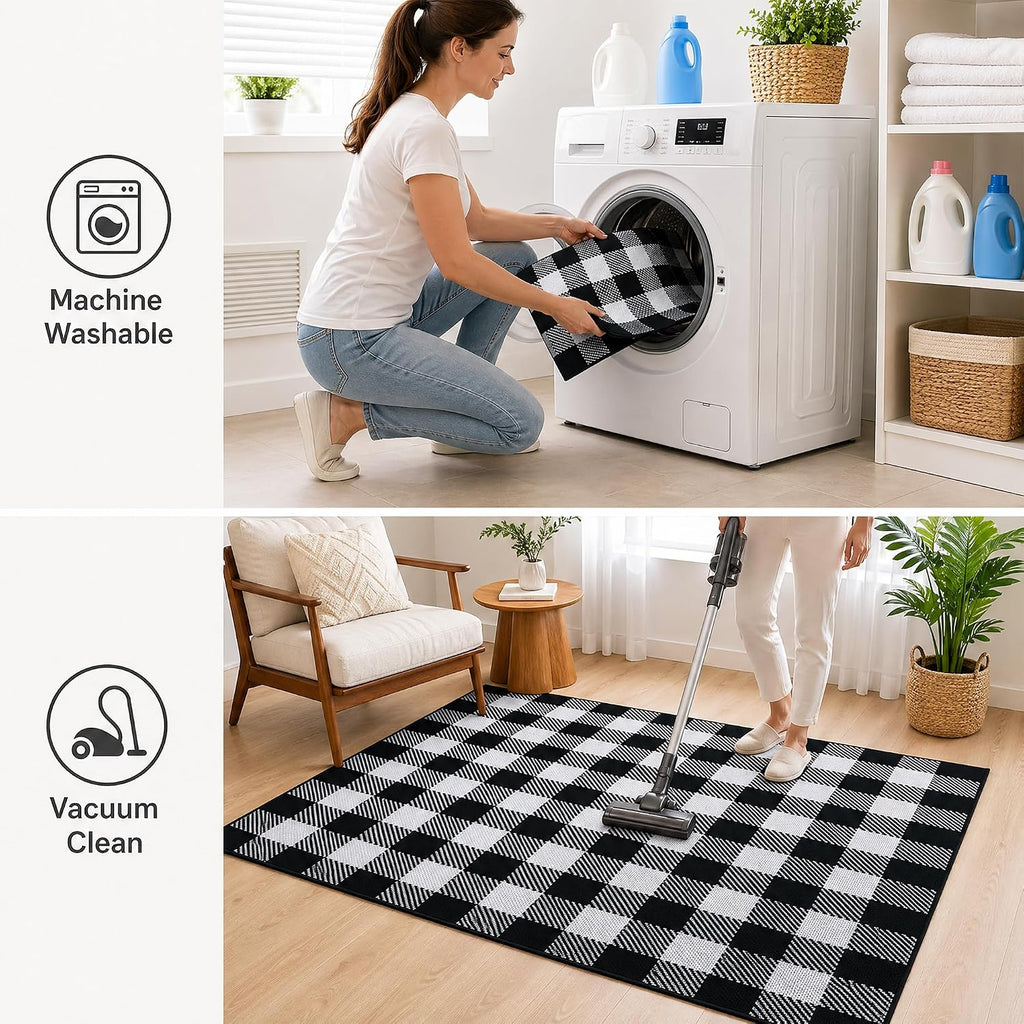 Black and White Buffalo Plaid Rug 3’x 5’, Halloween Door Mat, Washable Layering Rug for Front Door Entryway Porch Indoor Outdoor