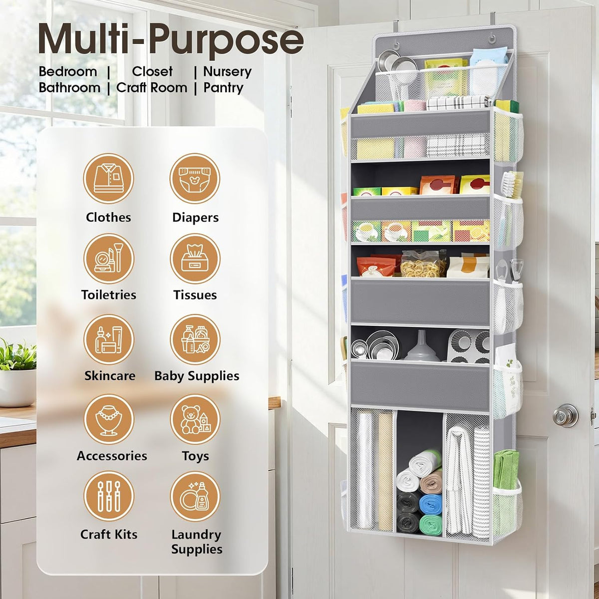 WISELIFE 5-Tier Over the Door Organizer for Nursery Hanging, Gray