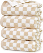 Jacquotha Beige Checkered Hand Towels - Set of 4, Cotton, 13"x29"