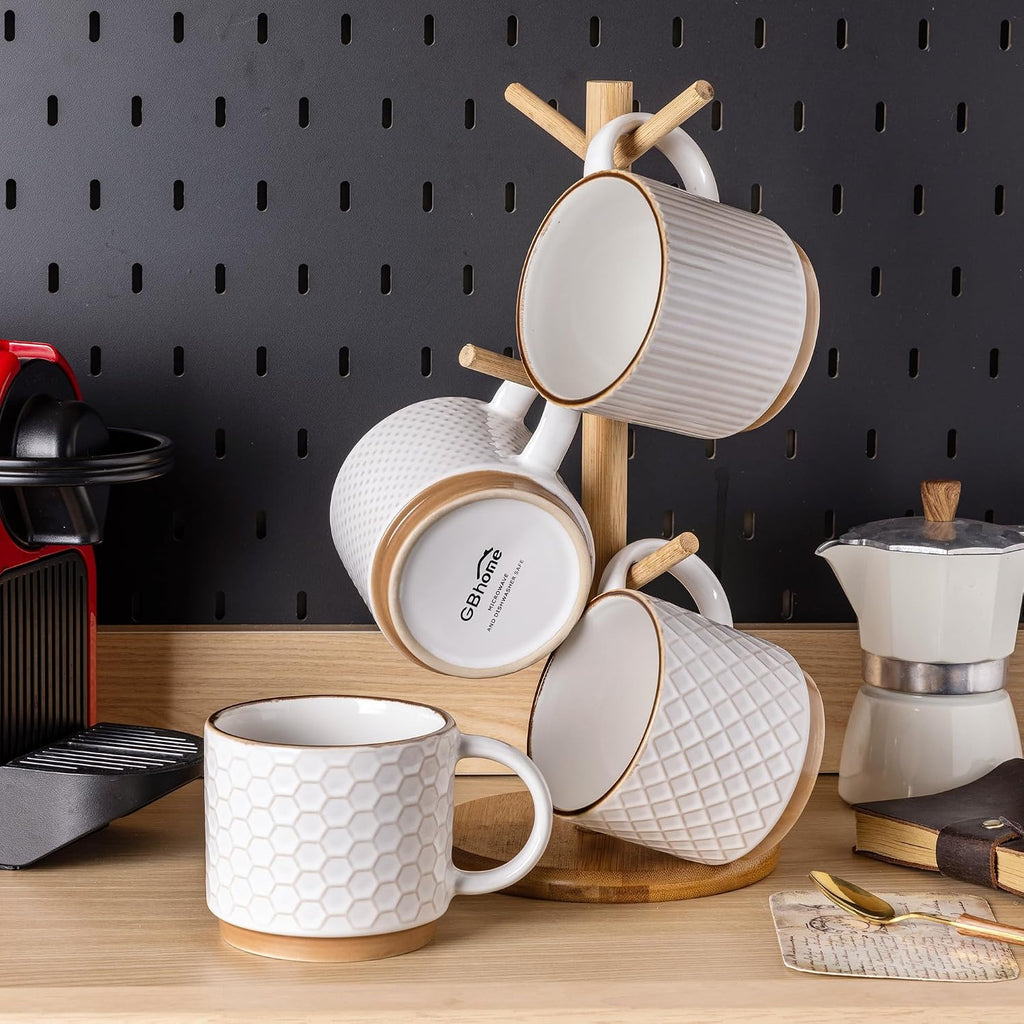 GBhome 12 OZ Stackable Coffee Mugs Set of 4, Ceramic Coffee Cups Set