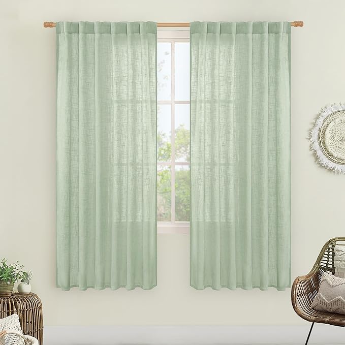LAMIT Fresh Green Linen Boho Curtains 68 inch Length 2 Panels, Light Filtering by LAMIT