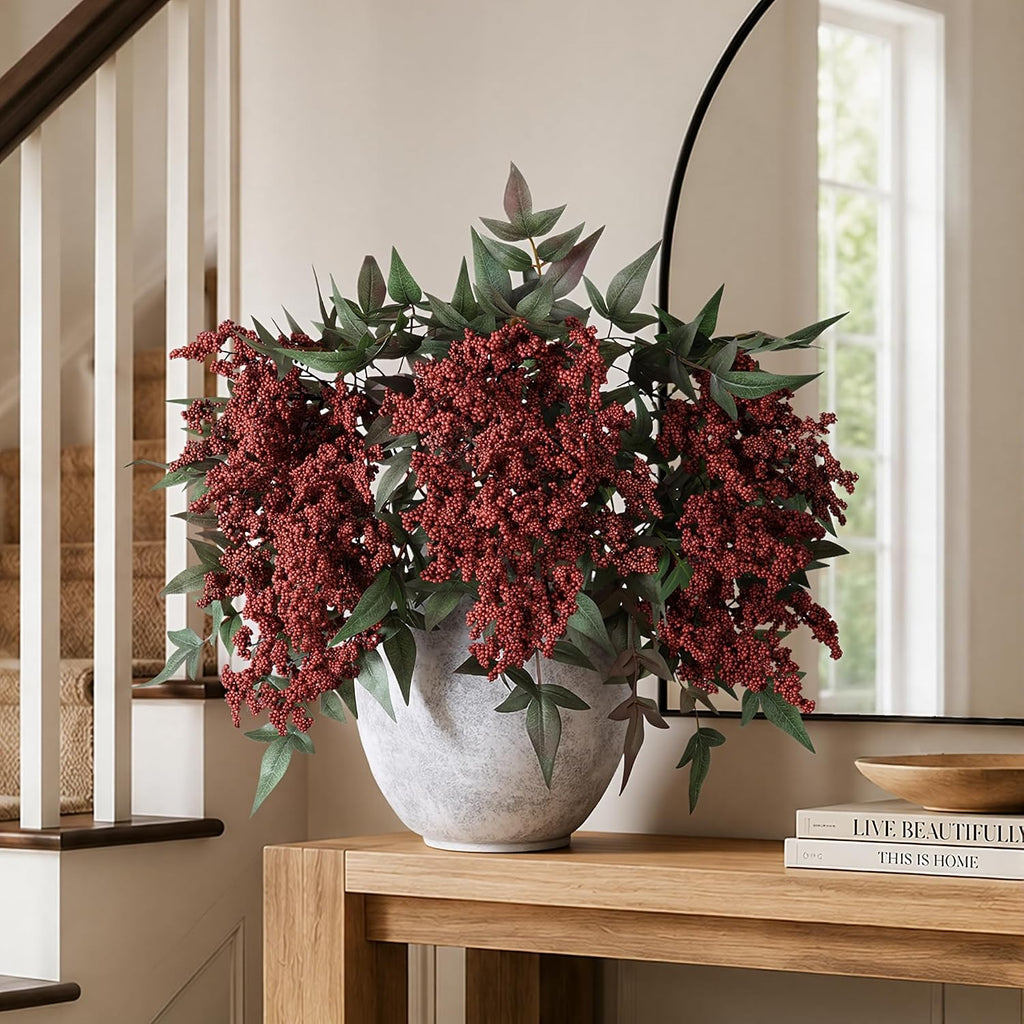 Artificial Flowers 35 Inch Artificial Nandina Berry Stem 3 Pcs Faux Flowers for Vase Realistic Sedum Spray for DIY Bouquet, Shower, Farmhouse, Mantel, Home Decor(Burgundy)