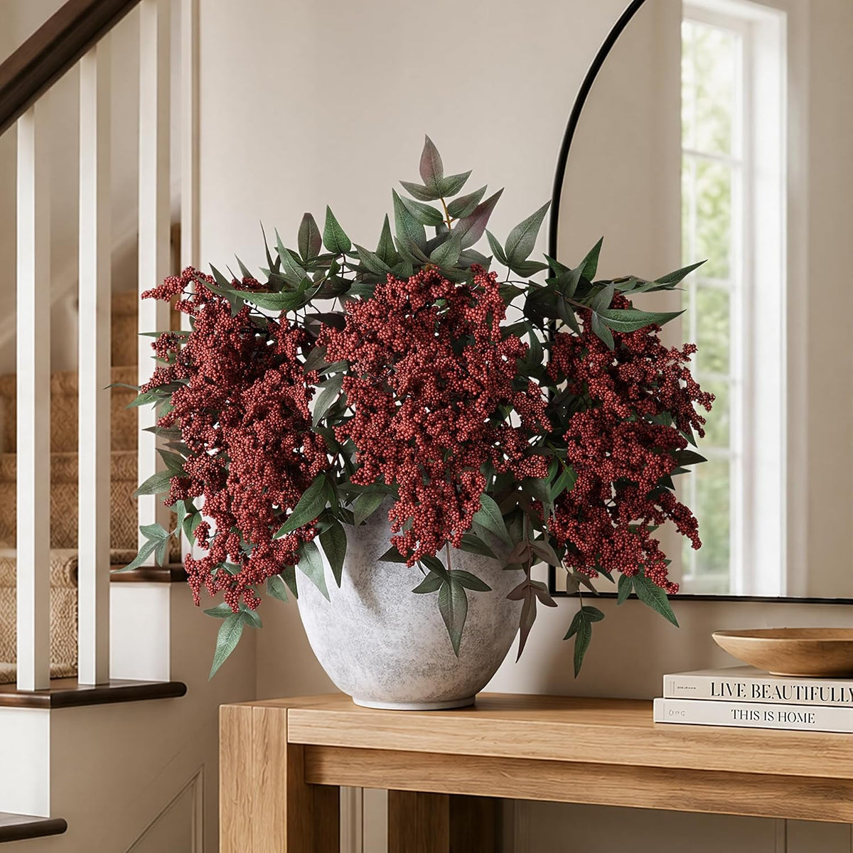 Artificial Flowers 35 Inch Artificial Nandina Berry Stem 3 Pcs Faux Flowers for Vase Realistic Sedum Spray for DIY Bouquet, Shower, Farmhouse, Mantel, Home Decor(Burgundy)
