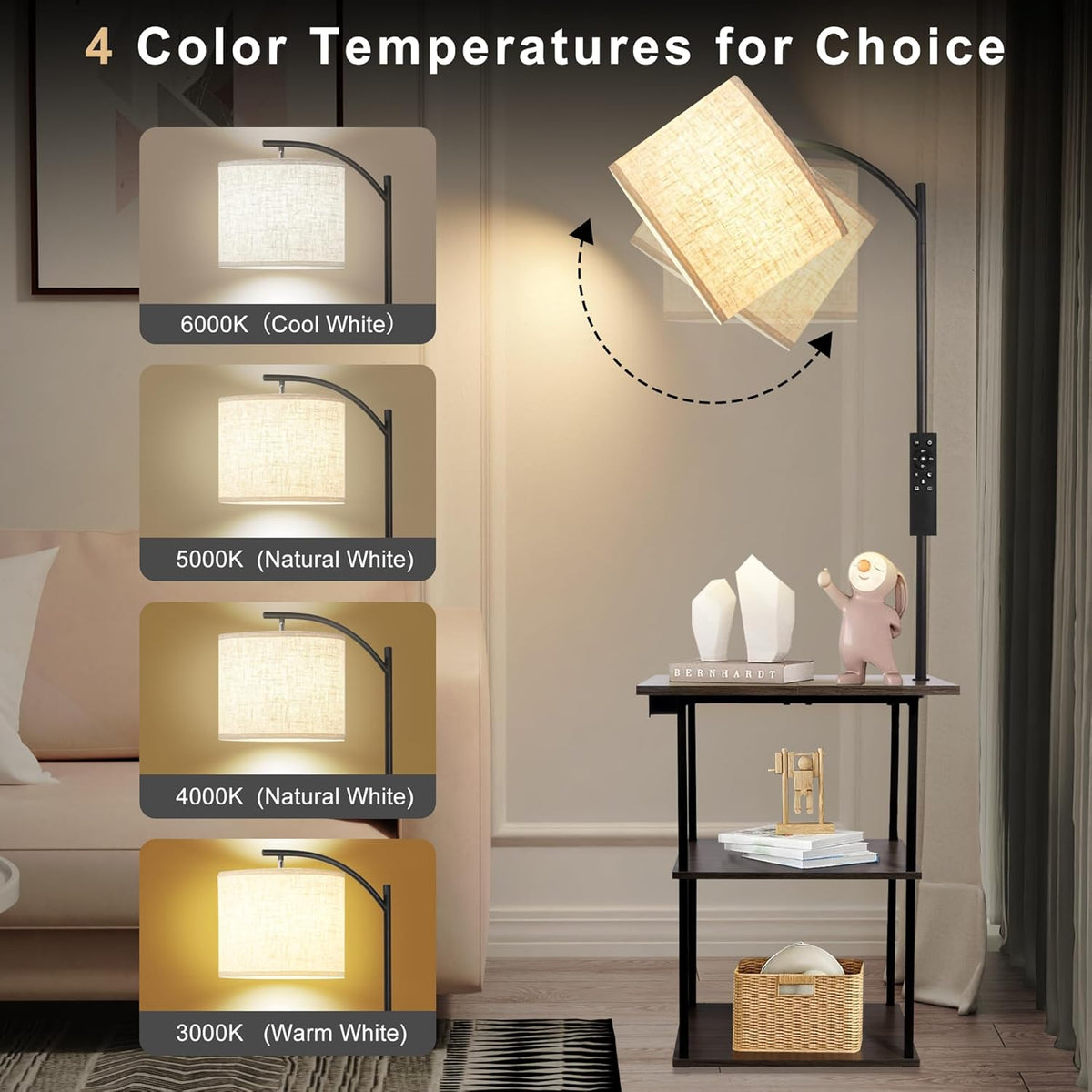 PESRAE Floor Lamp with Table & Remote, End Table with Charging Station