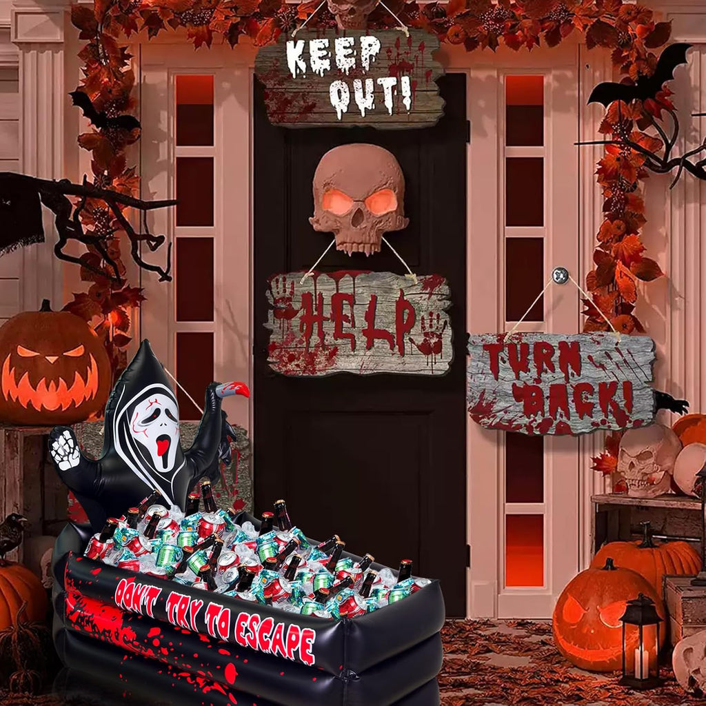 40 Inch Halloween Party Decorations Inflatable Cooler, 100+ Cans Halloween Party Supplies Large Capacity Scary Coffin Ghost Ice Bucket for Drink Beverage Holder, Halloween Decor for Outdoor Indoor