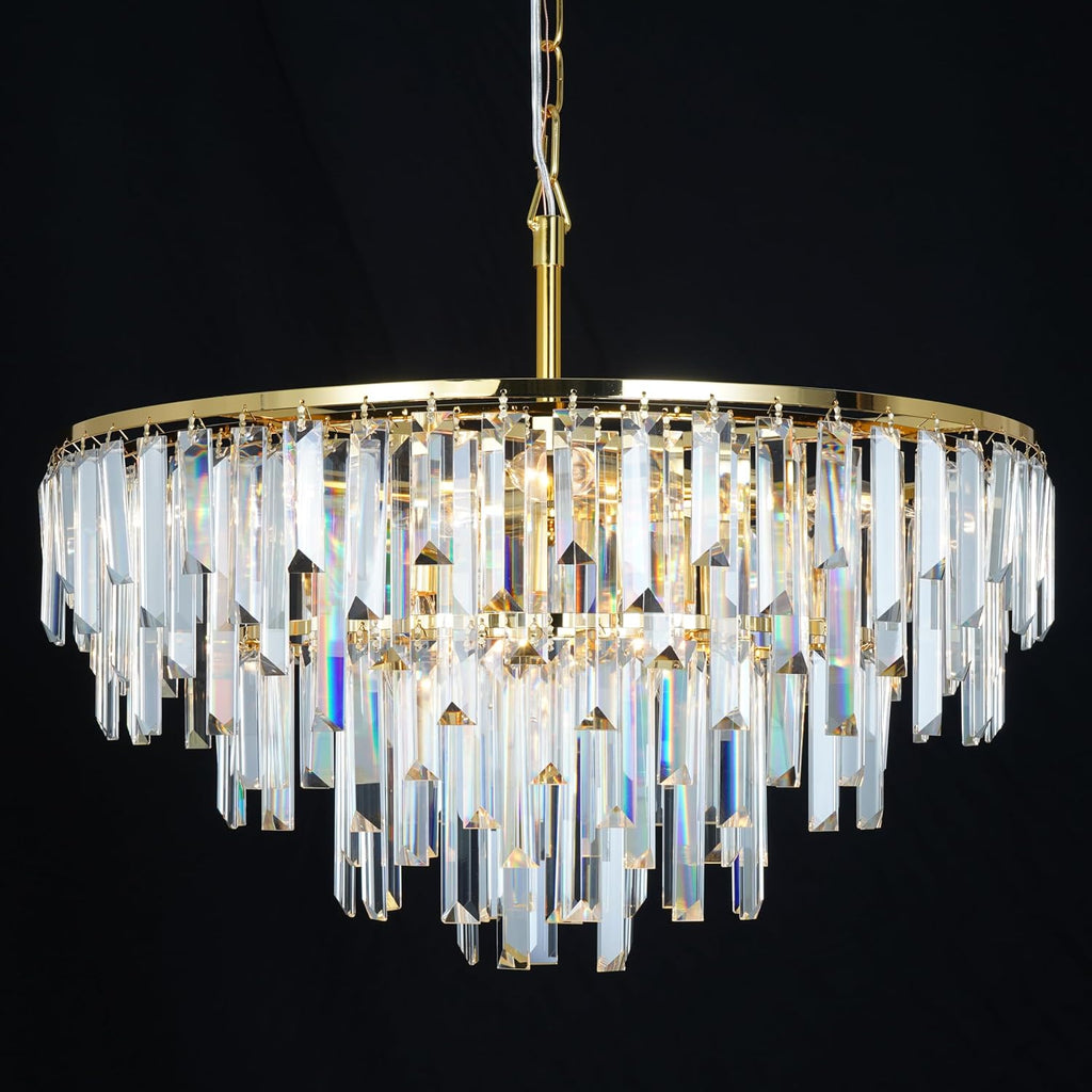 Gold Modern Round Top K9 Crystal Chandelier Lighting Fixture, 8 Lights Round K9 Crystal Adjustable Hanging Lamp for Dining Room Bedroom Living Room,Hallway,Bar,Kitchen W24''