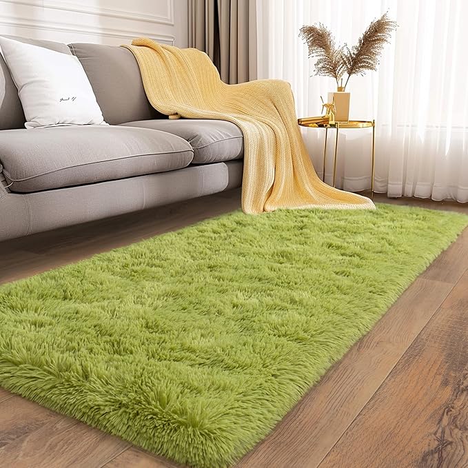 Soft Runner Rugs for Bedroom Hallways, 2x6 Grass Green Fluffy Shag Throw Area - Image 5