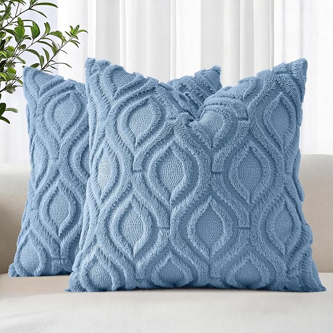 decorUhome Throw Pillow Covers 16x16 Inch Set of 2, Soft Plush Faux Wool Bluen by decorUhome
