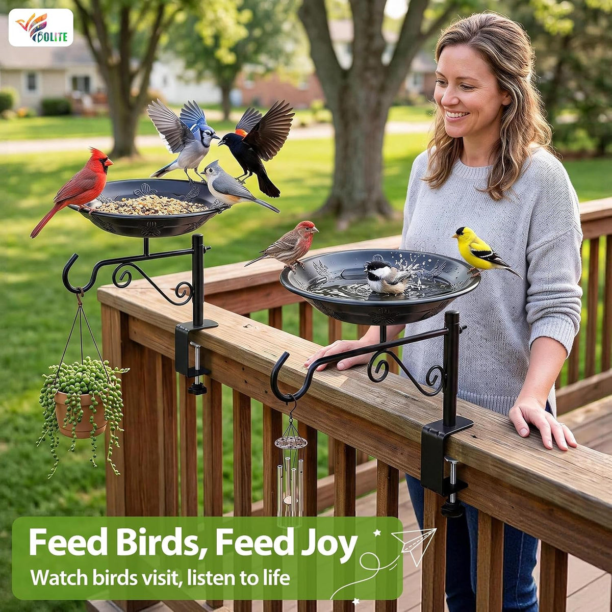 BOLITE Balcony Bird Feeder, Bird Bath with Plant Hook for Outdoors, Black