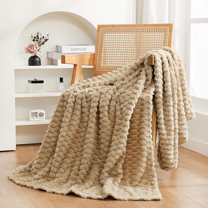 Beige Throw Blanket 50"×60" inches Fuzzy 3D Jacquard Decorative Flannel Fleece by Puncuntex