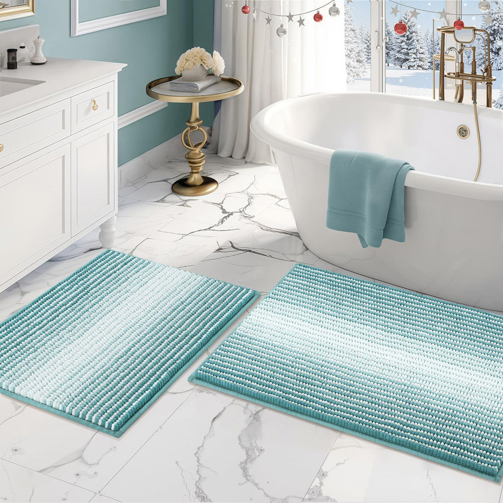 Bathroom Rugs Sets 2 Piece, Non Slip Striped Bath Mats, Aqua Green
