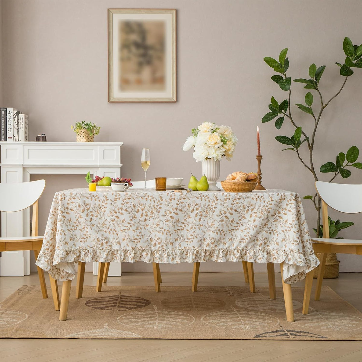 GLORY SEASON Rustic Tablecloth Plant Leaf Printed with Ruffle Flounces Trim Linen Blended Rectangle/Oblong Table Cloth for Kitchen Dining Parties Farmhouse Decor Cocoa Brown,60x84 Inch