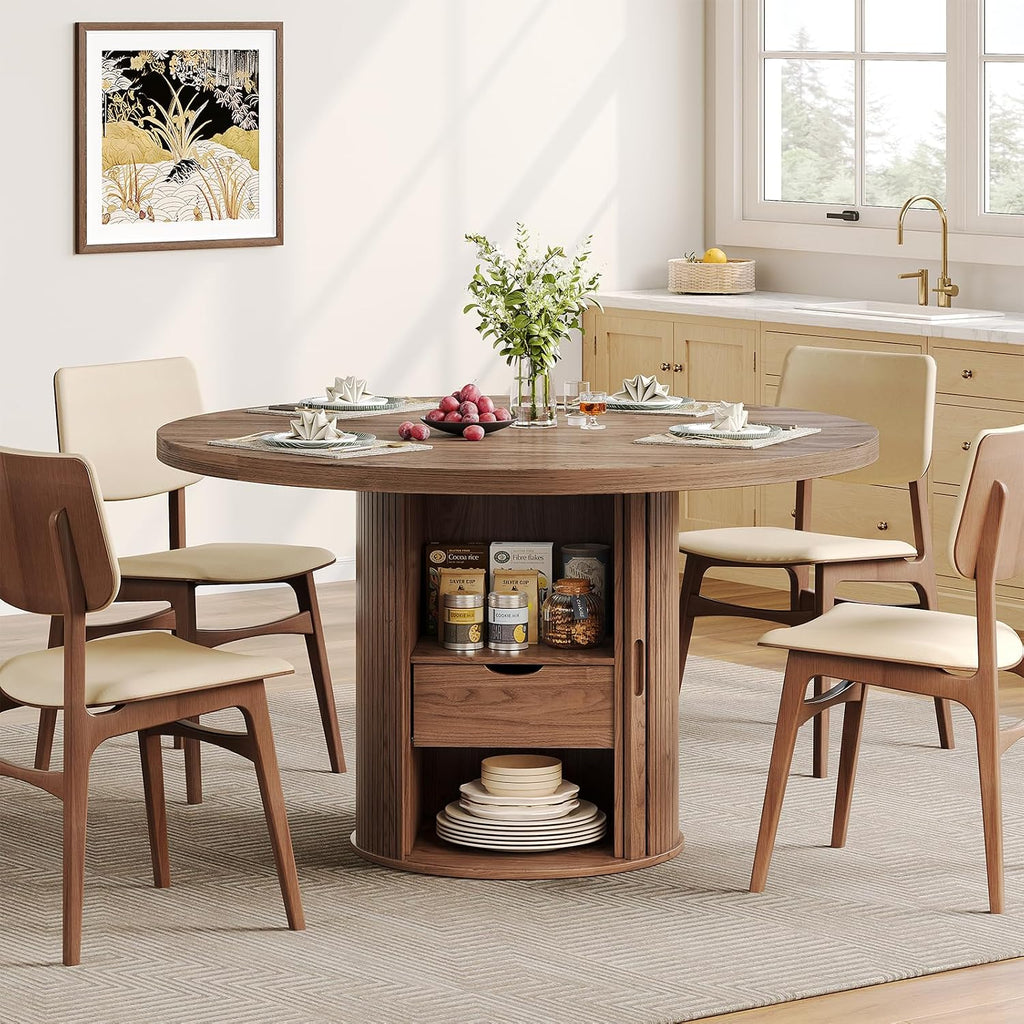 ComfyCorner 47" Dining Table with Storage, Round Kitchen Table Only Walnut