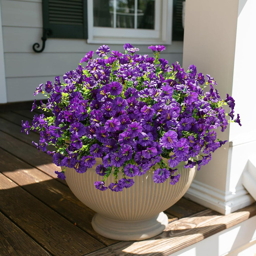 HyeFlora Artificial Flowers for Outdoors Fake Plants Outside Decoration, 12 Bundles Silk Purple Morning Glory with Eucalyptus UV Resistant Look Real Faux Flower for Planter Front Door Porch Patio Yard