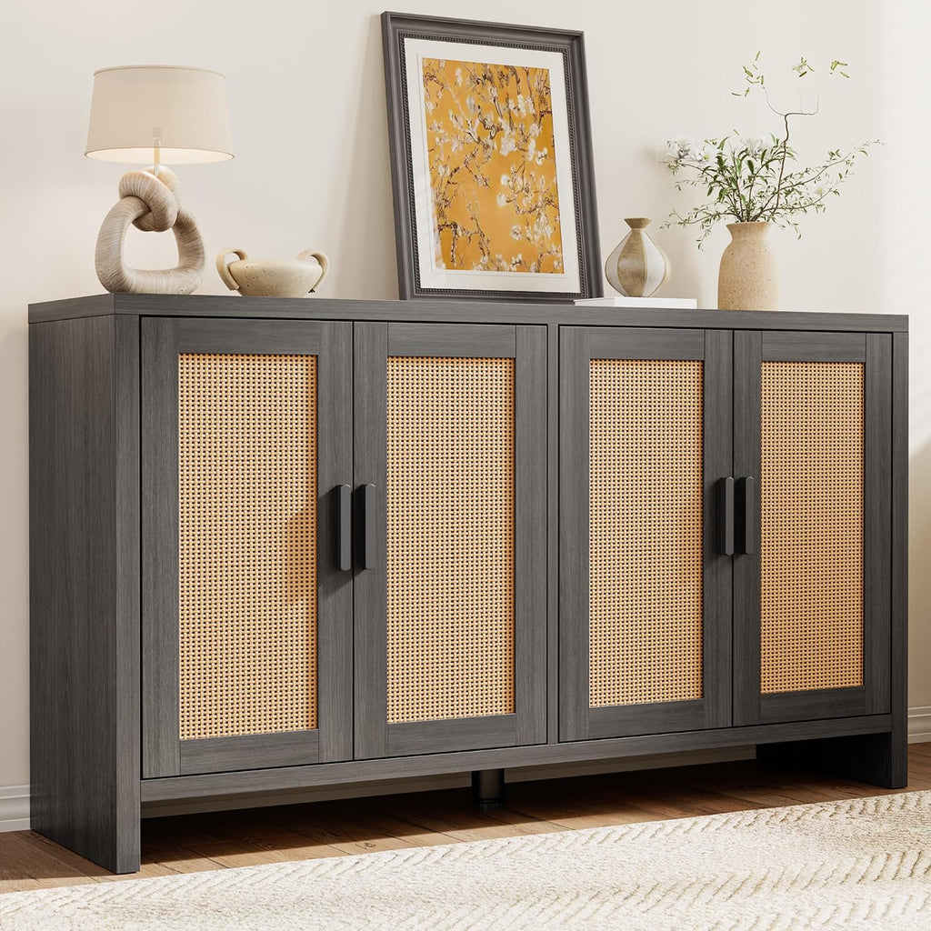 Rattan Buffet Cabinet with Storage, Sideboard with Doors, Console Table, Farmhouse Coffee Bar, Modern Wood Long Cabinets (Brown Black)