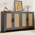 Rattan Buffet Cabinet with Storage, Sideboard with Doors, Console Table, Farmhouse Coffee Bar, Modern Wood Long Cabinets (Brown Black)
